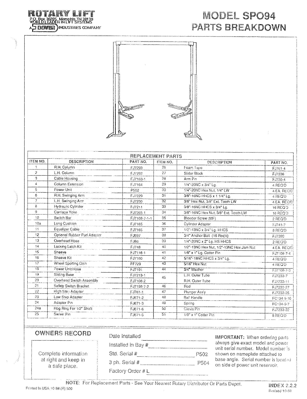 Rotary SPO94 Parts Replacement Lift Parts Parts4Equipment